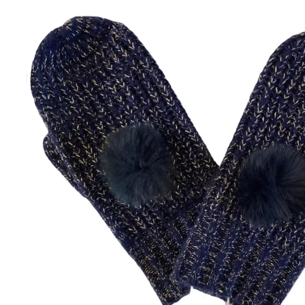 Yves Salomon Enfant Rex Rabbit Fur Pom Metallic Knit Mittens NWT Made in France